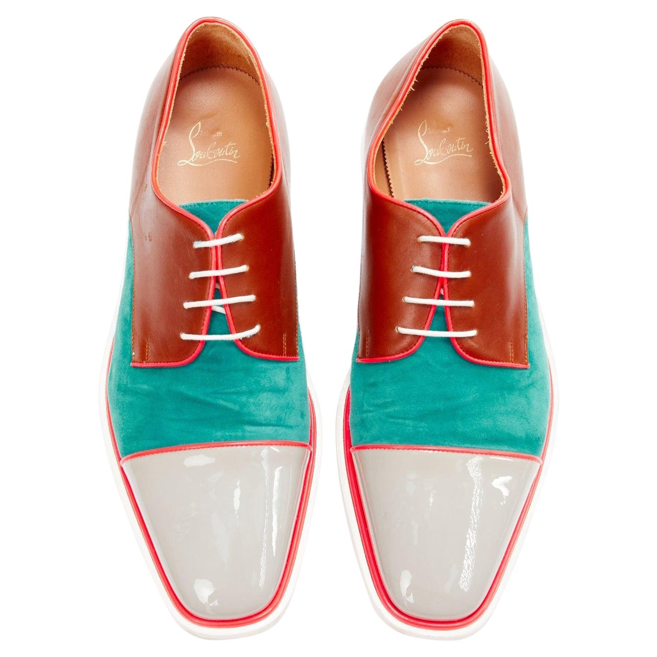CHRISTIAN LOUBOUTIN green suede neon piping brown brogues EU42.5