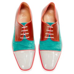 CHRISTIAN LOUBOUTIN green suede neon piping brown brogues EU42.5