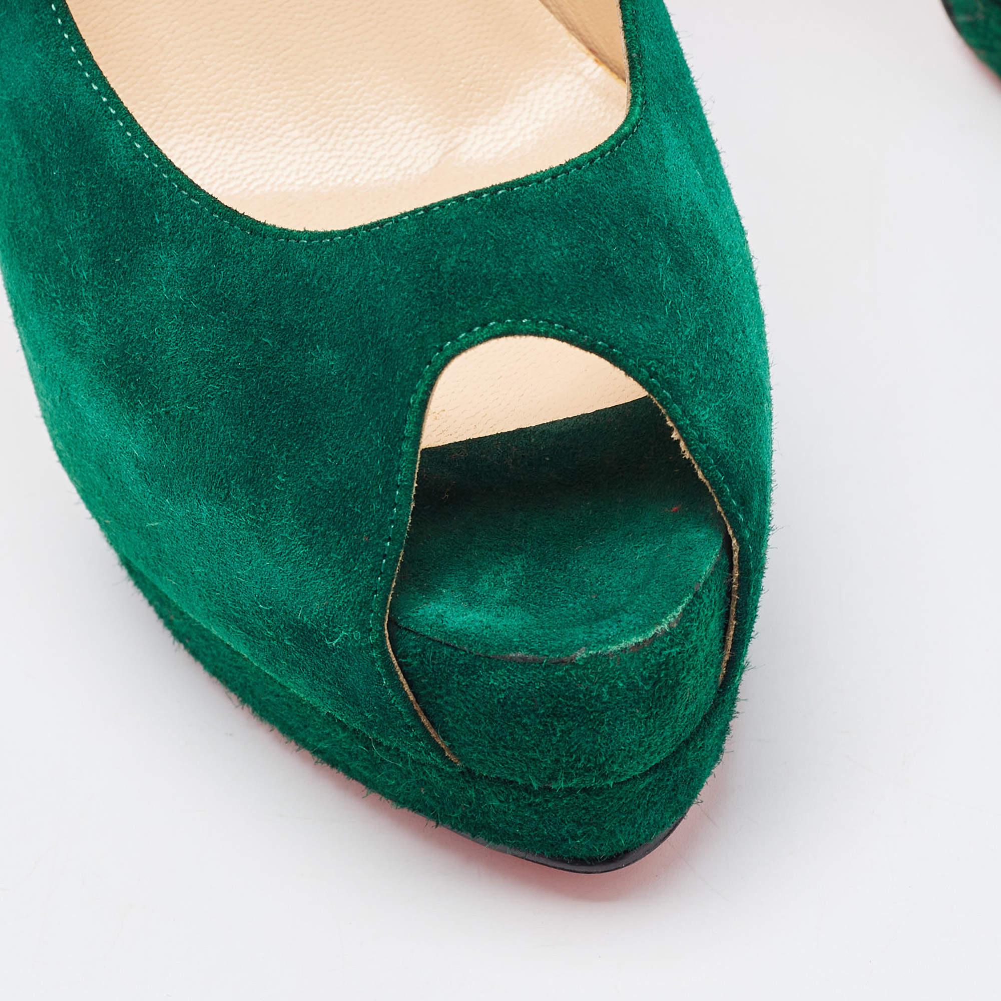 Women's Christian Louboutin Green Suede Palais Royal Peep Toe Pumps Size 39.5 For Sale
