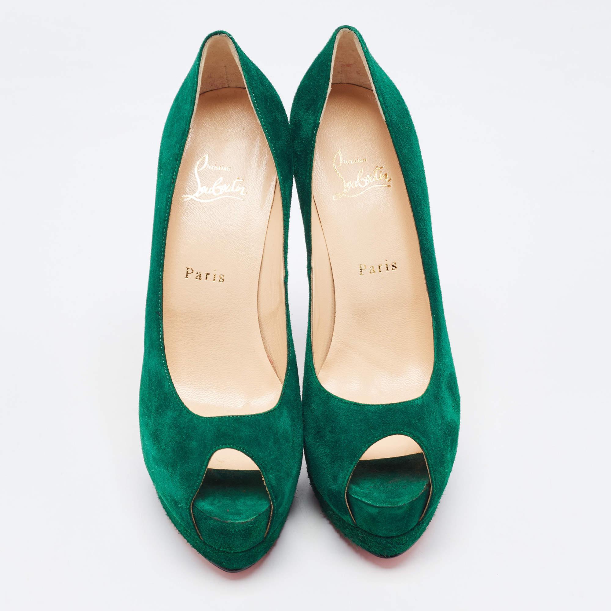 Christian Louboutin Green Suede Palais Royal Peep Toe Pumps Size 39.5 For Sale 2