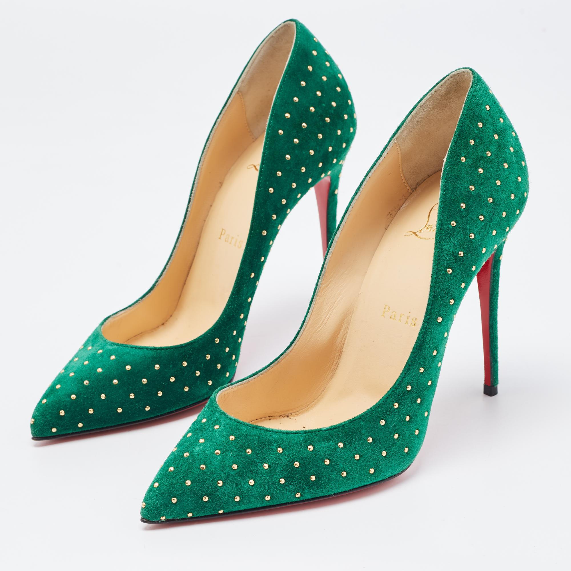 Christian Louboutin Green Suede Pigalle Plume Pumps Size 37 For Sale 1