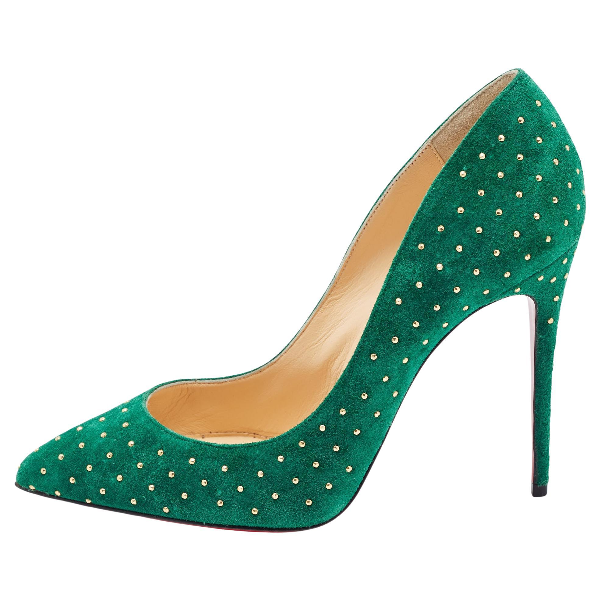 Christian Louboutin Green Suede Pigalle Plume Pumps Size 37 For Sale