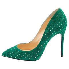 Used Christian Louboutin Green Suede Pigalle Plume Pumps Size 37