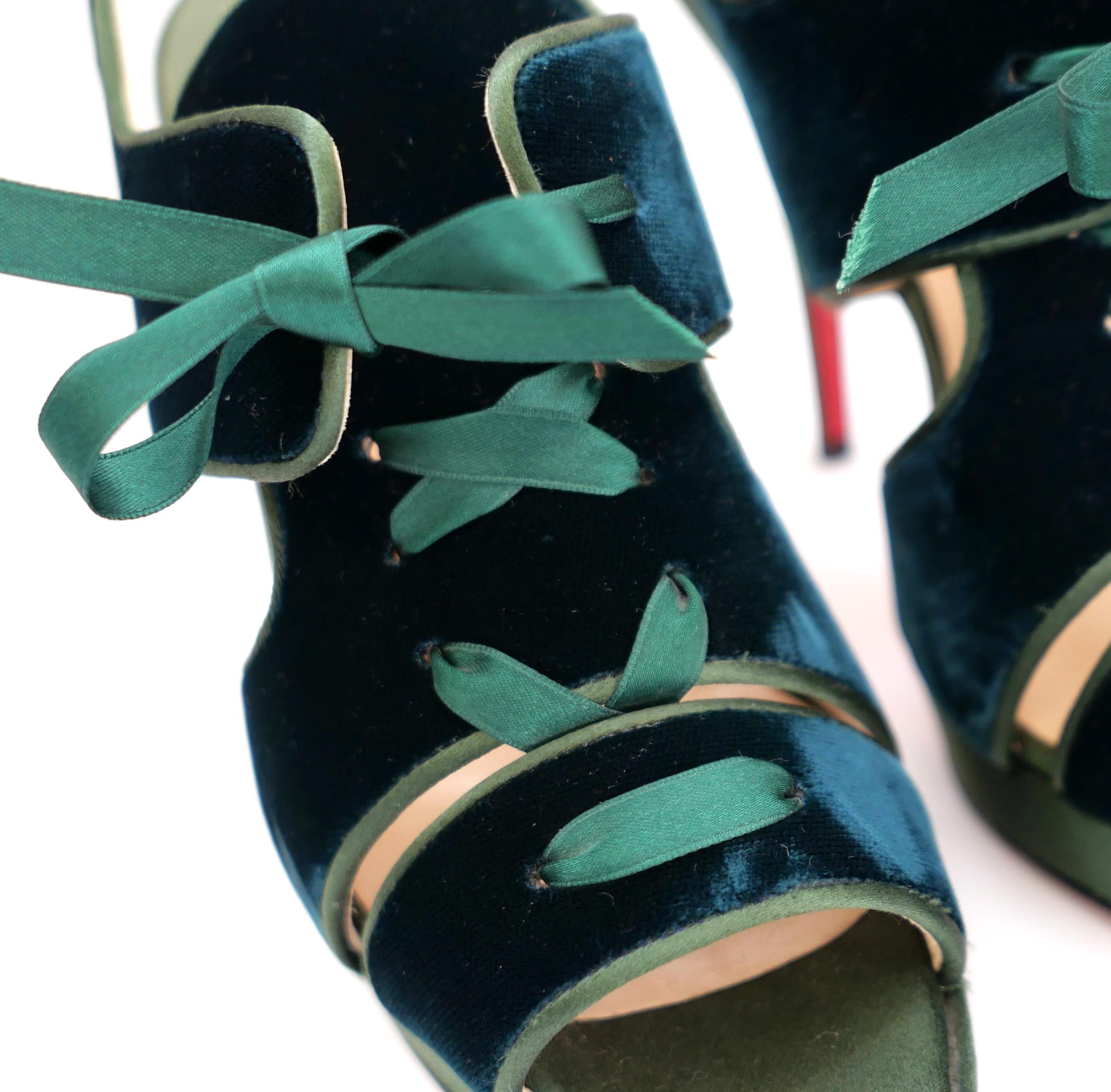 Black Christian Louboutin Green Velvet Lace-up Platform Sandals