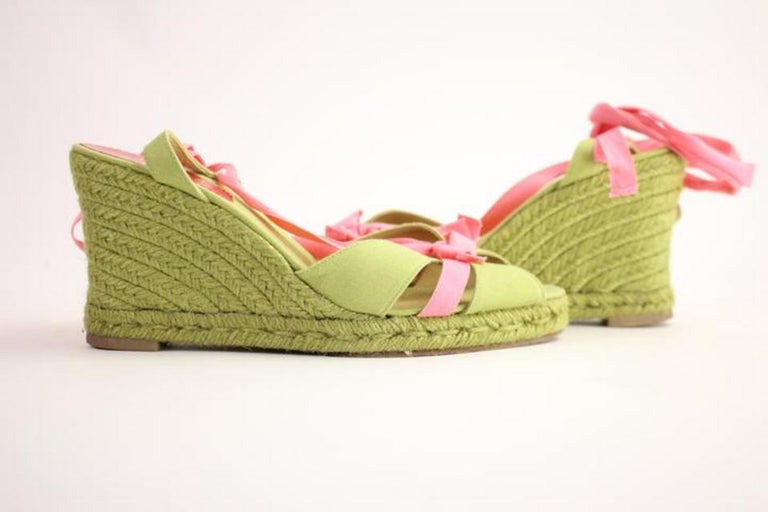 Christian Louboutin Green X Pink Isabelle Espadrille  Christian Louboutin Green and Pink Espadrille Wedge Sandals main image 0