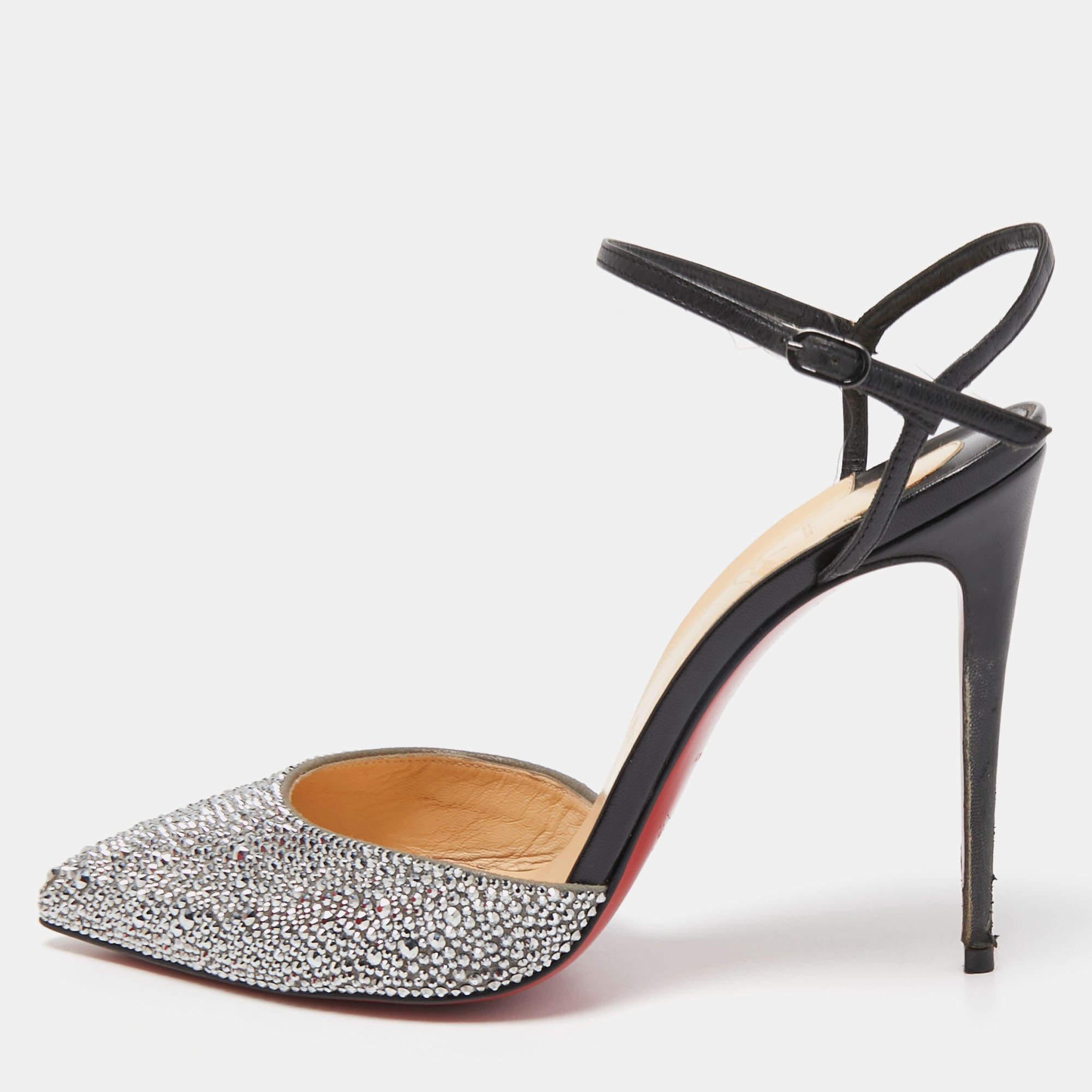 Christian Louboutin Grey/Black Suede and Leather Rivierina Strass Pumps Size 39 For Sale 7