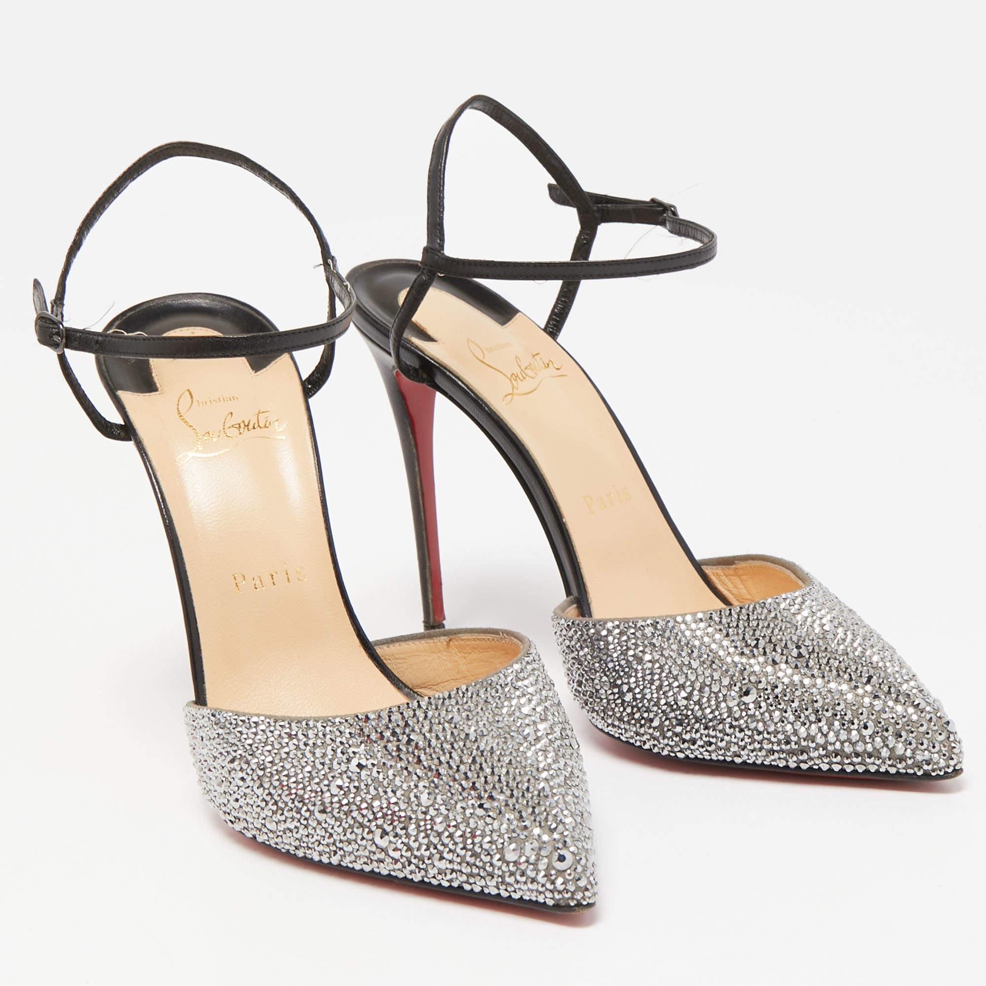 Brown Christian Louboutin Grey/Black Suede and Leather Rivierina Strass Pumps Size 39 For Sale