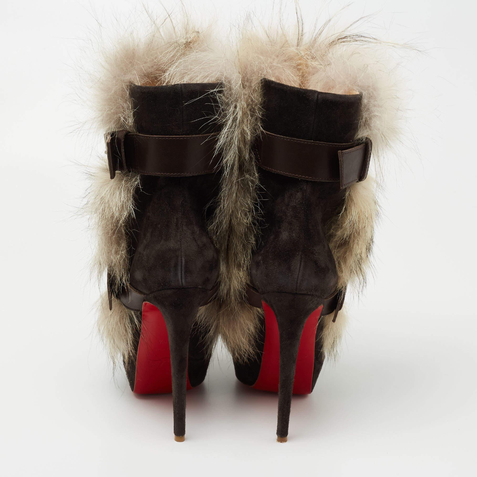 Christian Louboutin Grey/Brown Leather Fur Platform Ankle Boots Size 39.5 In New Condition In Dubai, Al Qouz 2