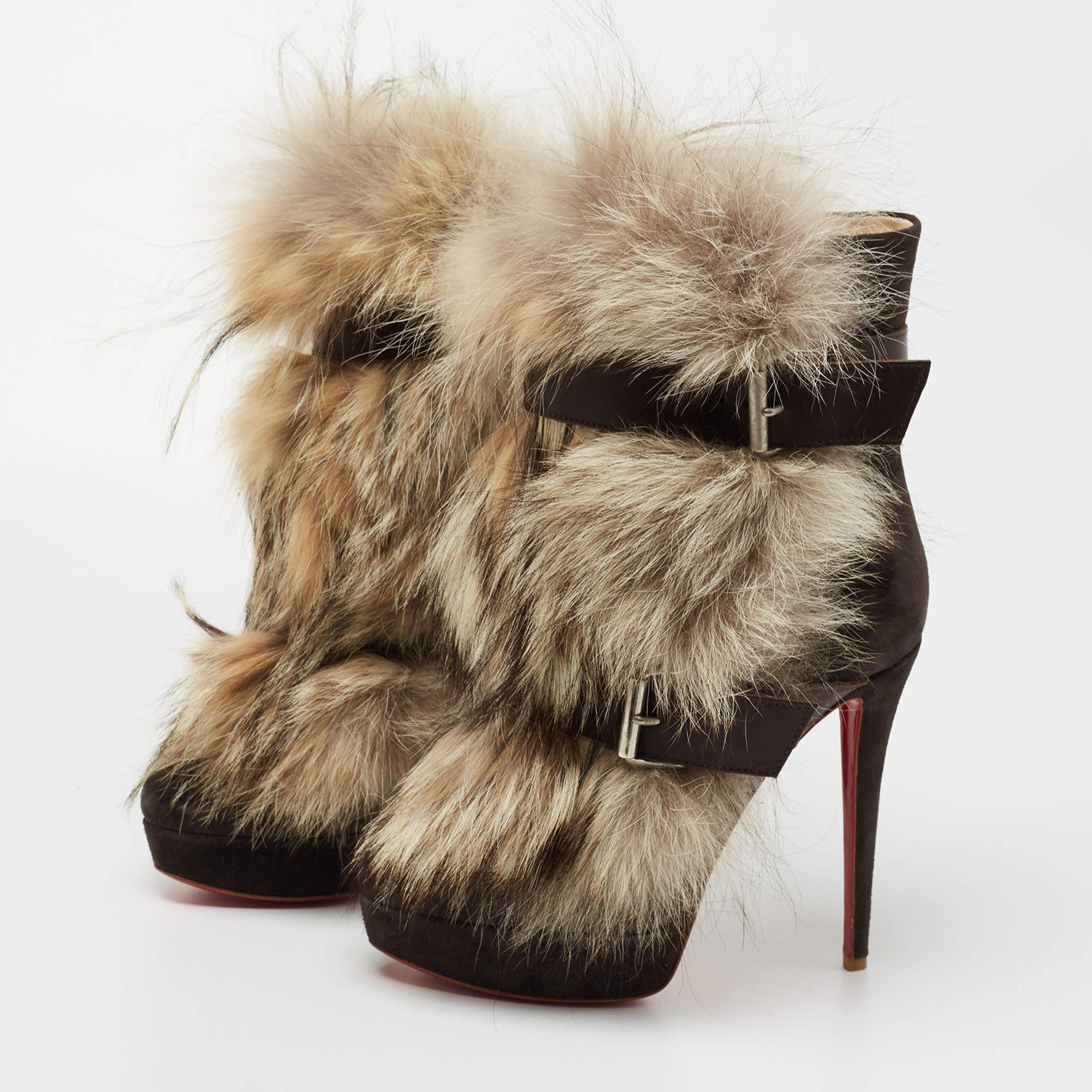 Women's Christian Louboutin Grey/Brown Leather Fur Platform Ankle Boots Size 39.5