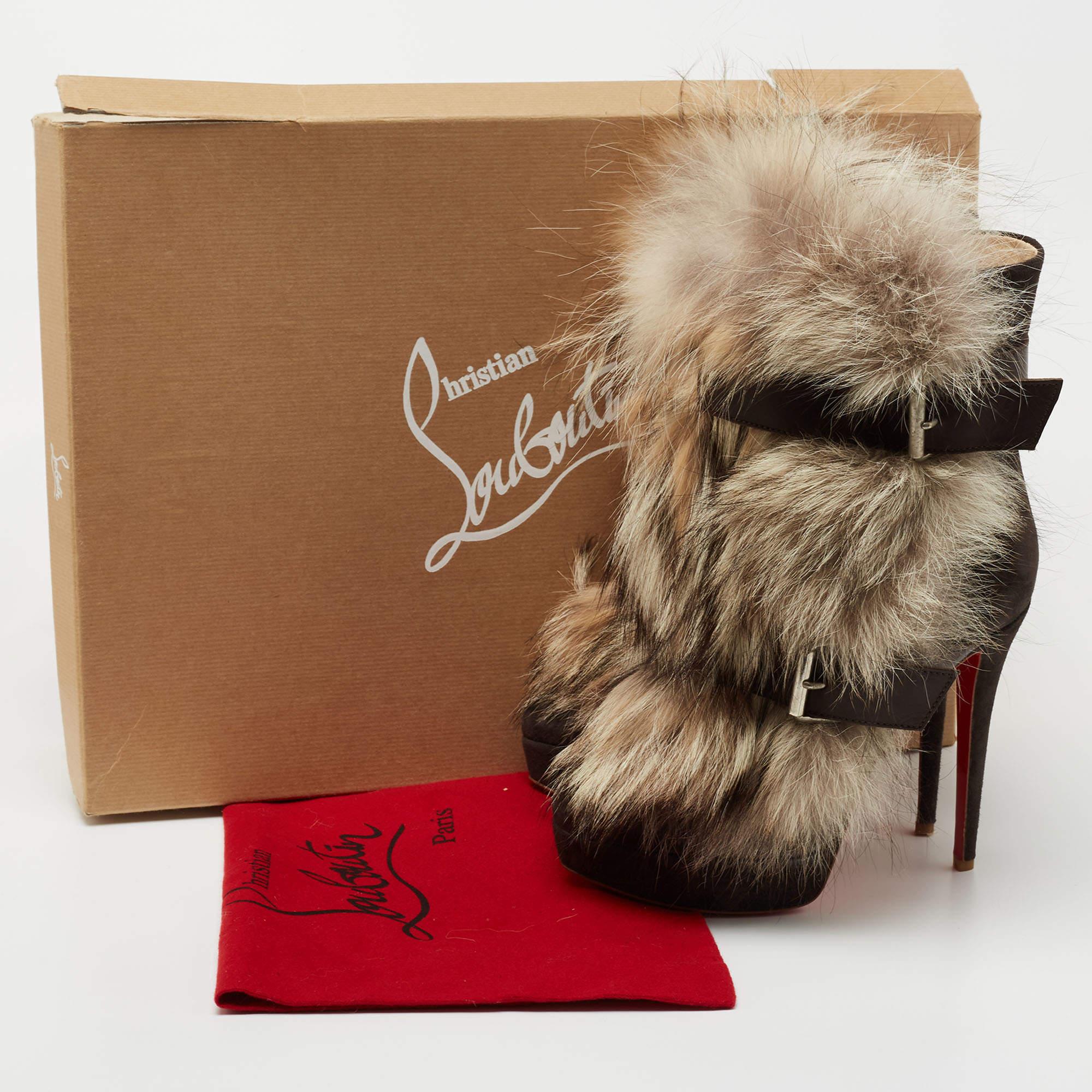 Christian Louboutin Grey/Brown Leather Fur Platform Ankle Boots Size 39.5 2