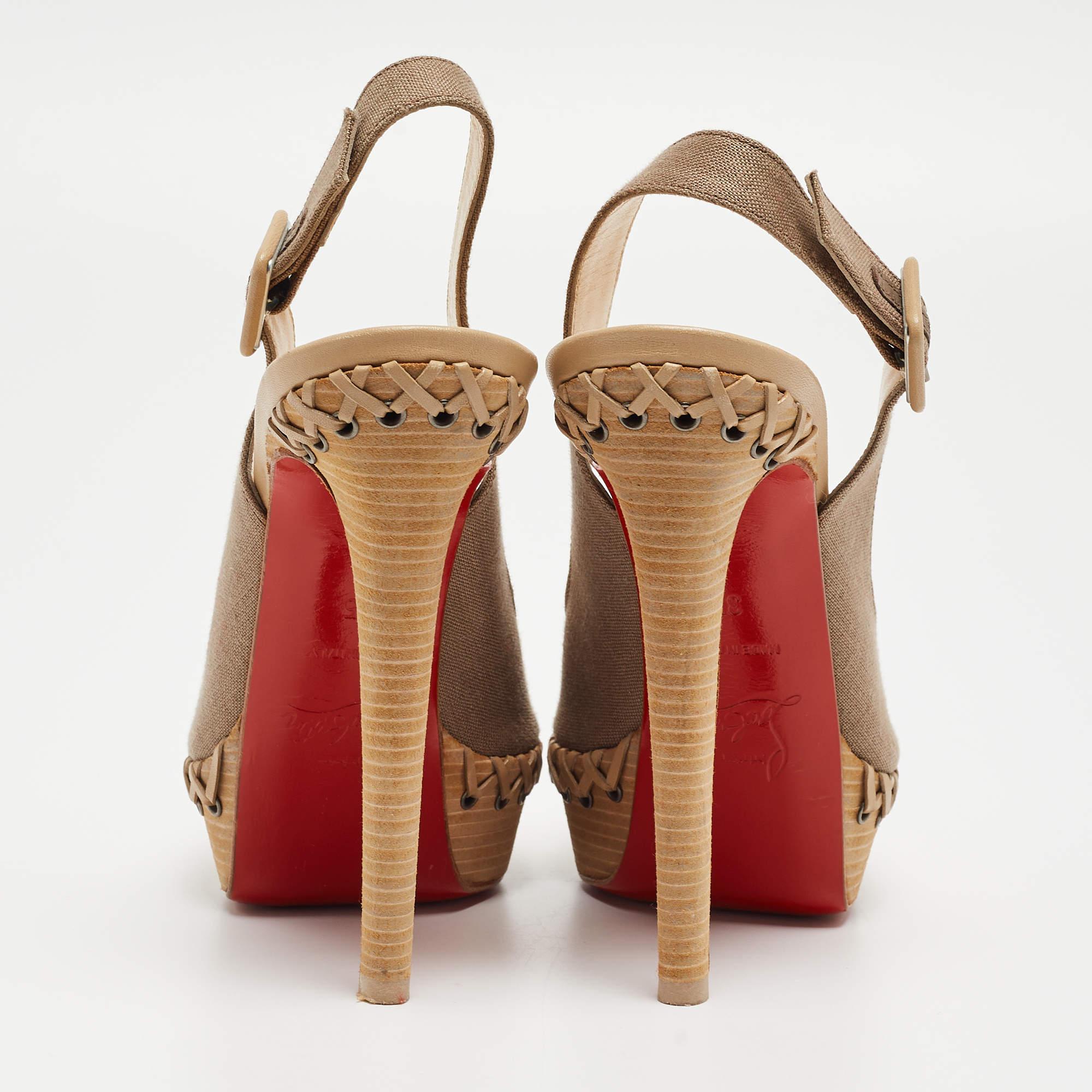 Christian Louboutin Grey Canvas Lady Indiana Slingback Sandals Size 35 For Sale 2