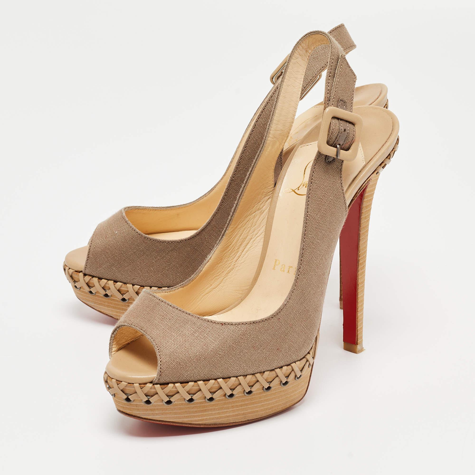 Christian Louboutin Grey Canvas Lady Indiana Slingback Sandals Size 35 For Sale 3