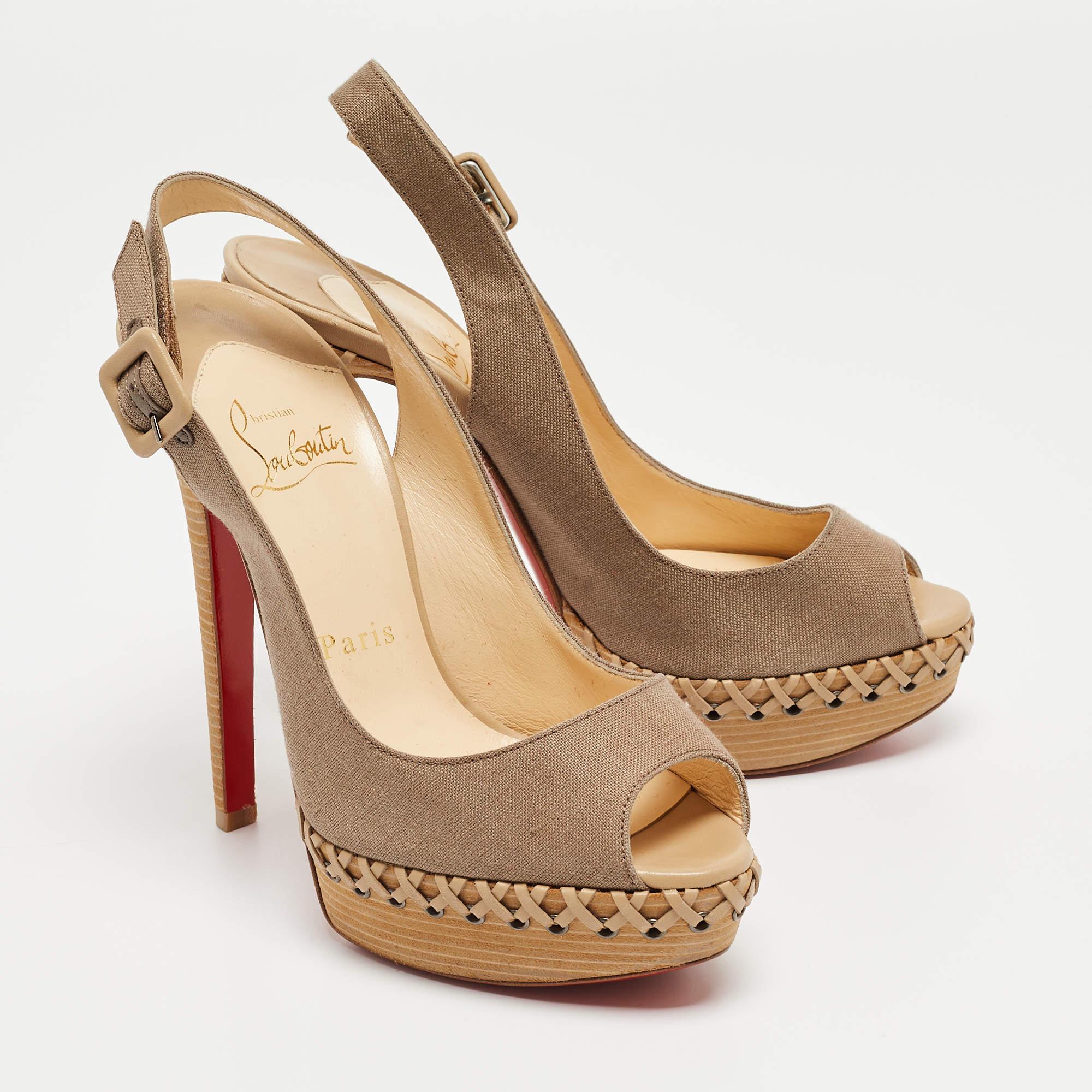 Christian Louboutin Grey Canvas Lady Indiana Slingback Sandals Size 35 For Sale 4
