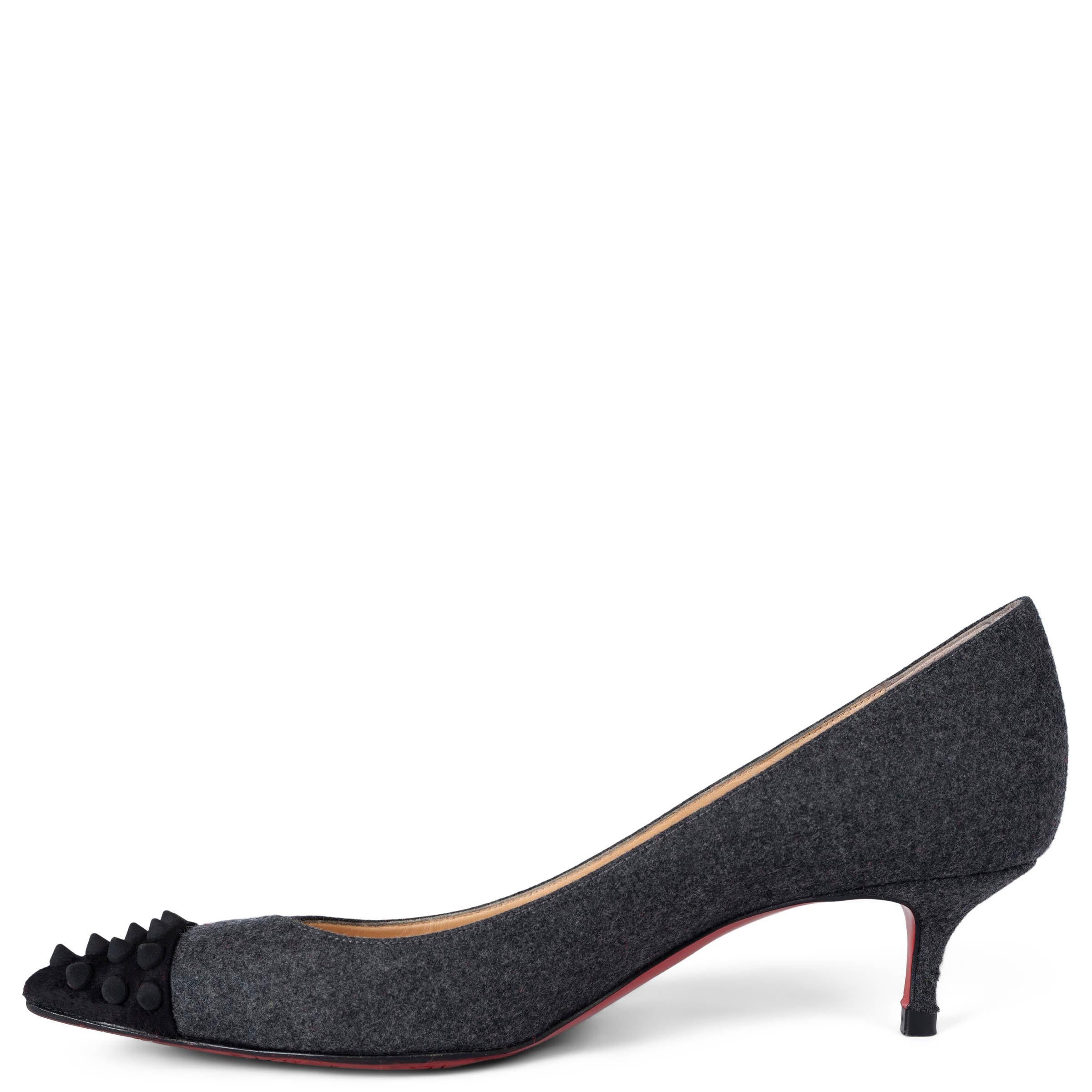 Black CHRISTIAN LOUBOUTIN grey flannel GEO KITTEN HEEL Pumps Shoes 37 fit 36.5 For Sale