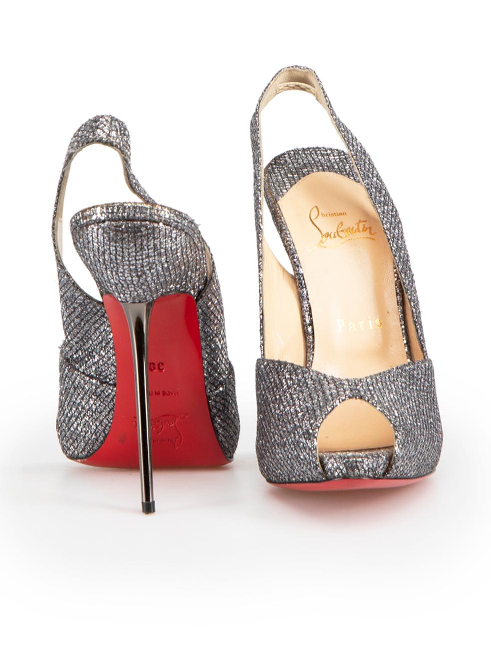 Christian Louboutin Grey Glitter Slingback Heels Size IT 38 In Good Condition For Sale In London, GB