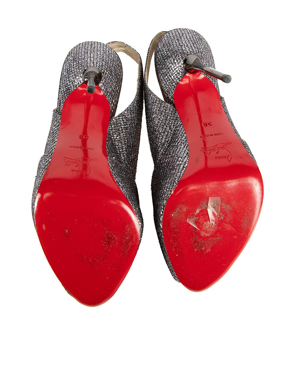 Women's Christian Louboutin Grey Glitter Slingback Heels Size IT 38 For Sale