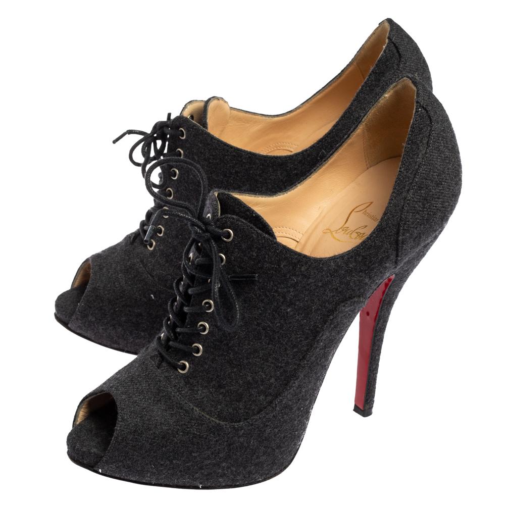 Christian Louboutin Grey Lace Up Flannel Lady Derby120mm Ankle Booties Size 37 For Sale 1