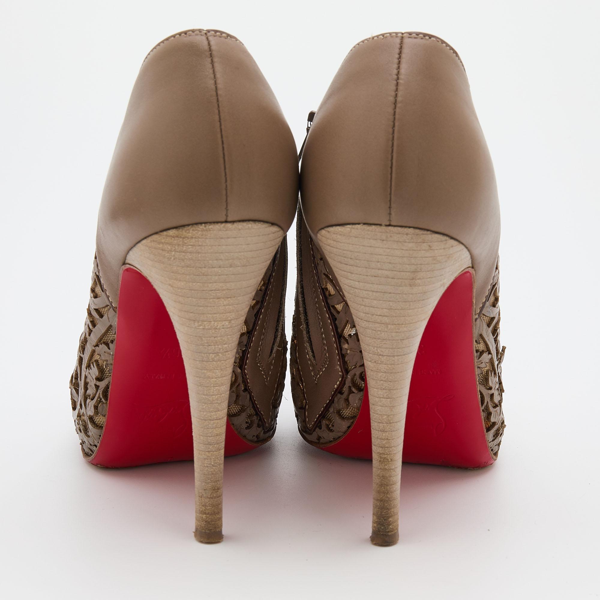 Brown Christian Louboutin Grey Laser-Cut Leather Pampas Booties Size 36.5 For Sale