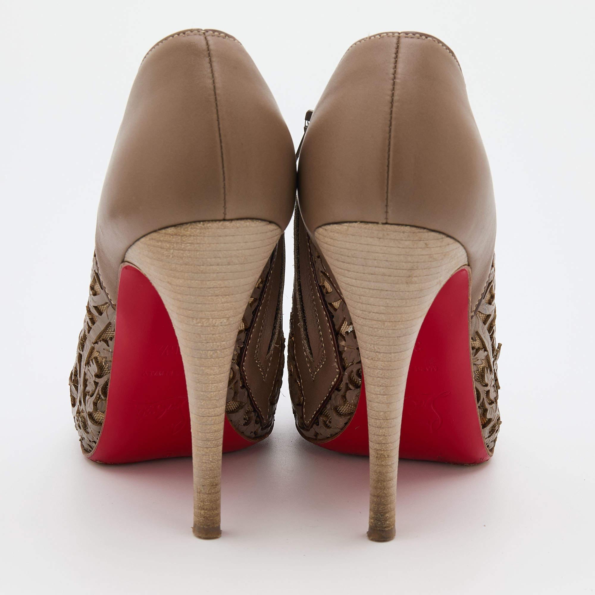 Brown Christian Louboutin Grey Laser-Cut Leather Pampas Booties Size 36.5 For Sale