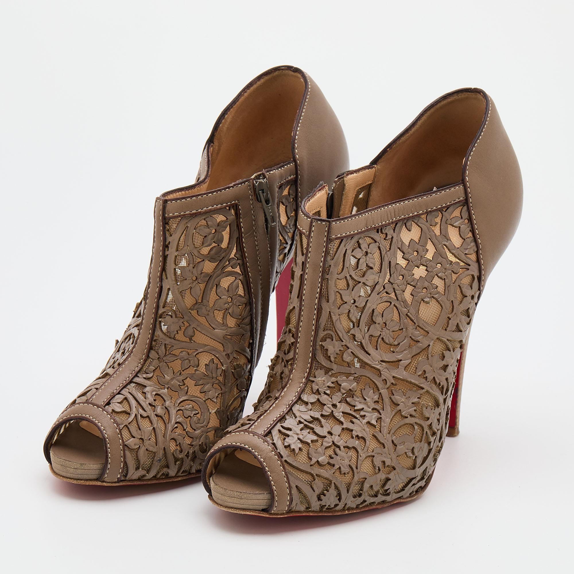 Women's Christian Louboutin Grey Laser-Cut Leather Pampas Booties Size 36.5