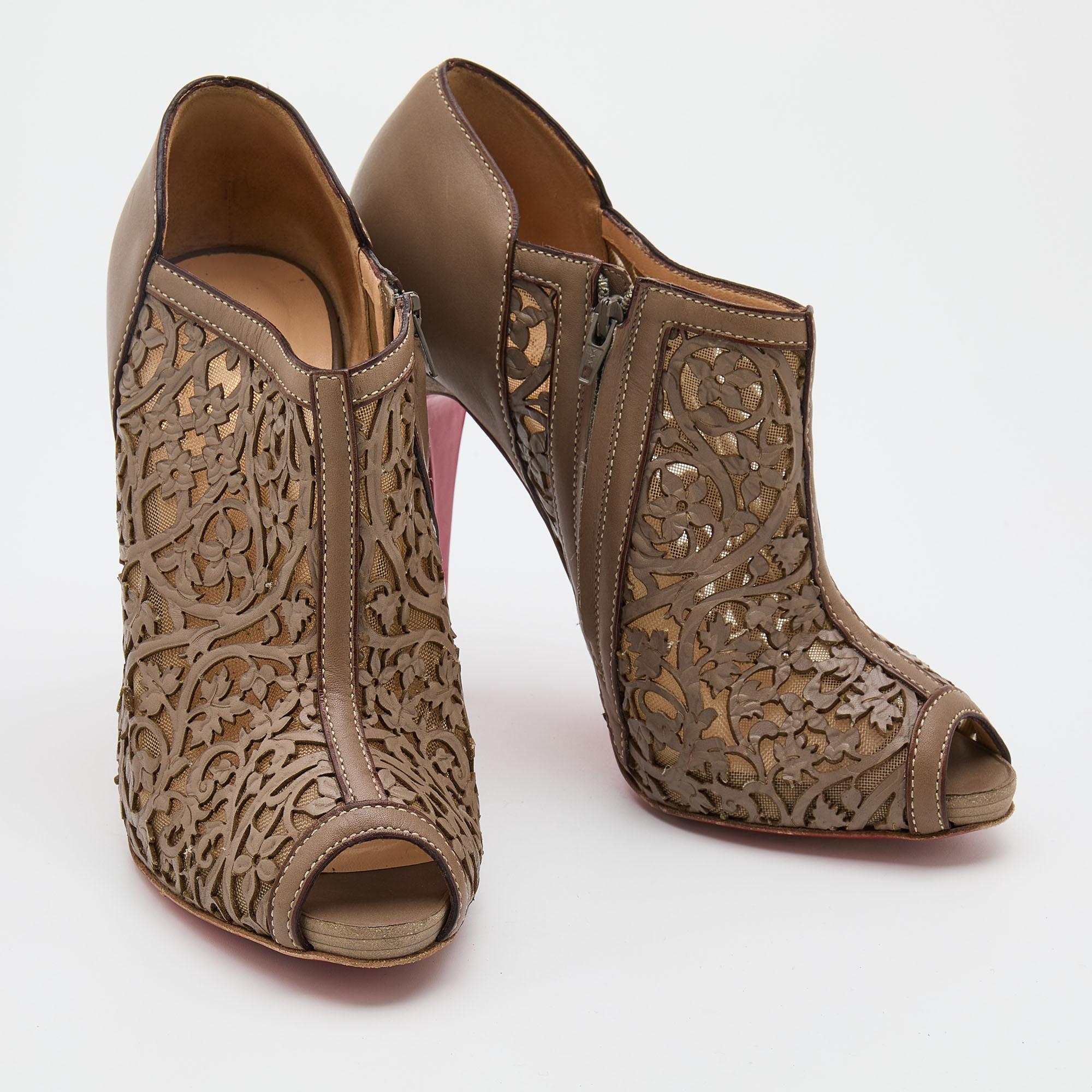 Christian Louboutin Grey Laser-Cut Leather Pampas Booties Size 36.5 1