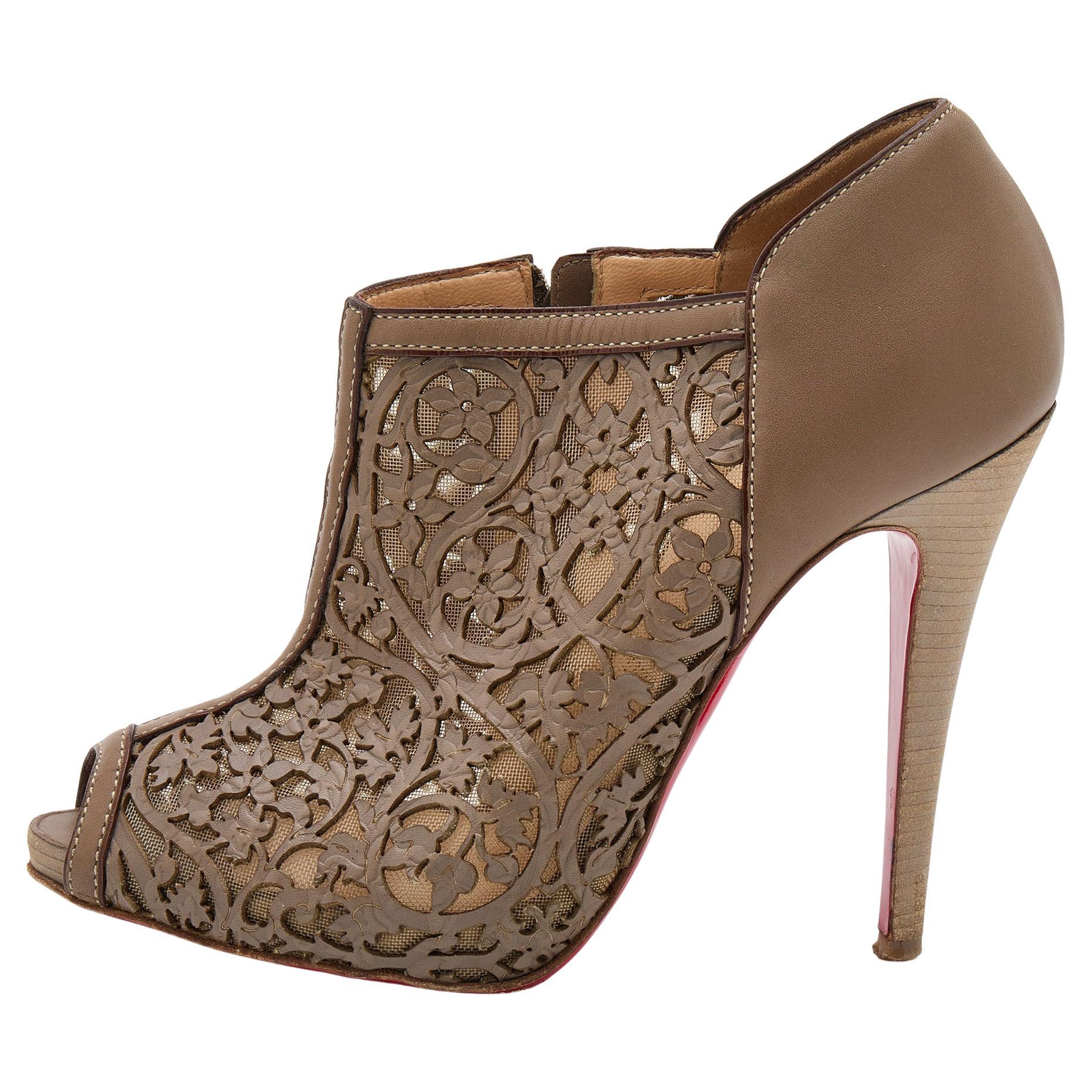 Christian Louboutin Grey Laser-Cut Leather Pampas Booties Size 36.5 For Sale