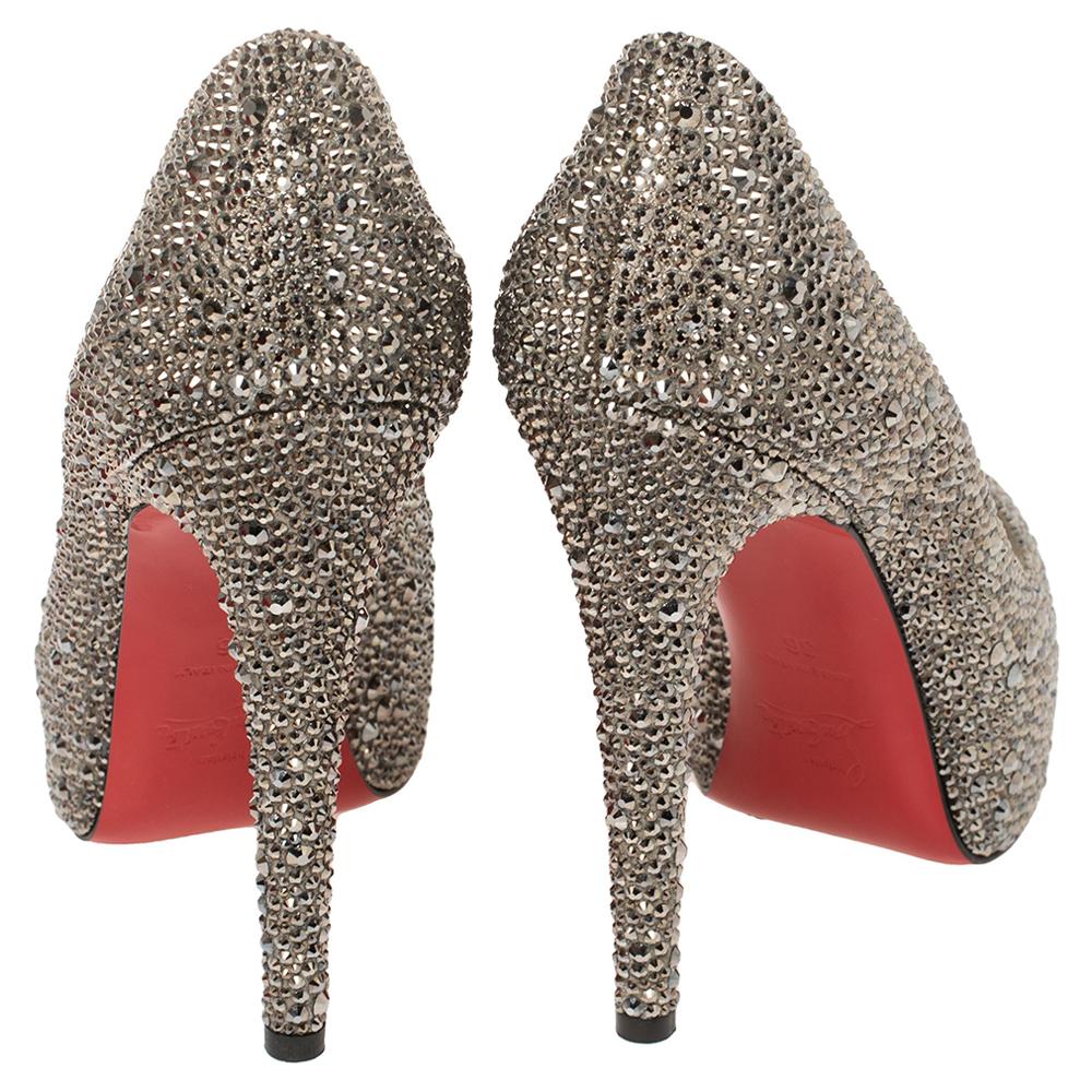 Brown Christian Louboutin Grey Leather And Crystal Lady Peep Platform Pumps Size 36