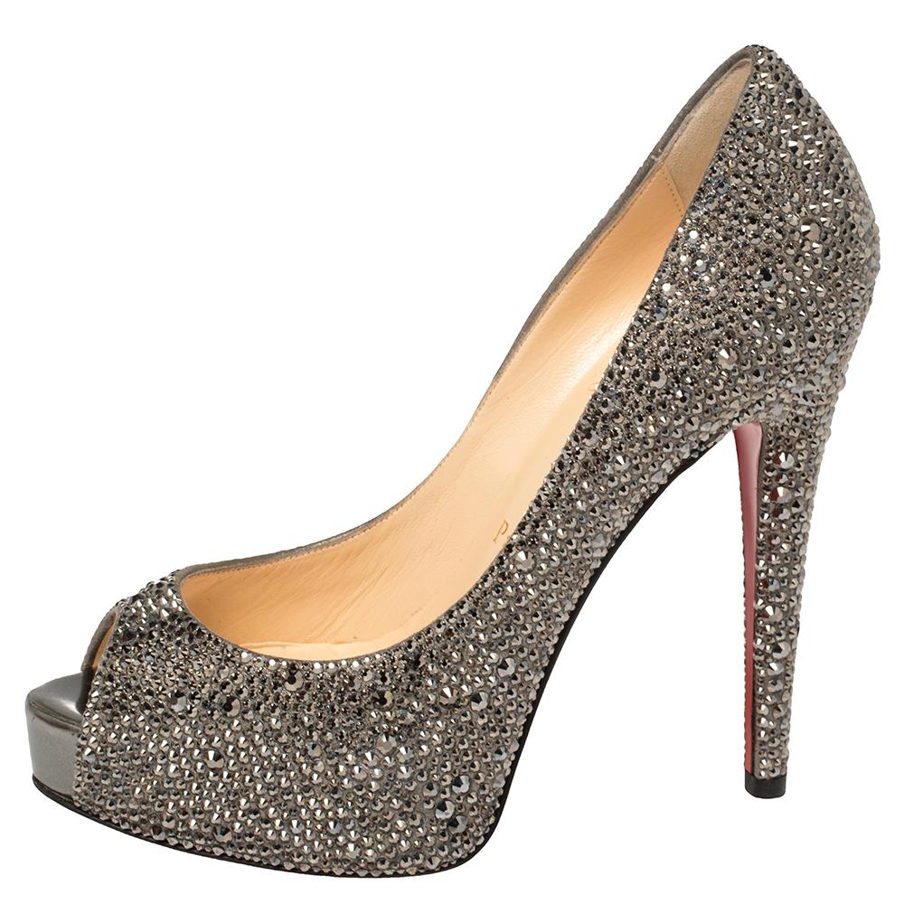 Women's Christian Louboutin Grey Leather And Crystal Lady Peep Platform Pumps Size 36