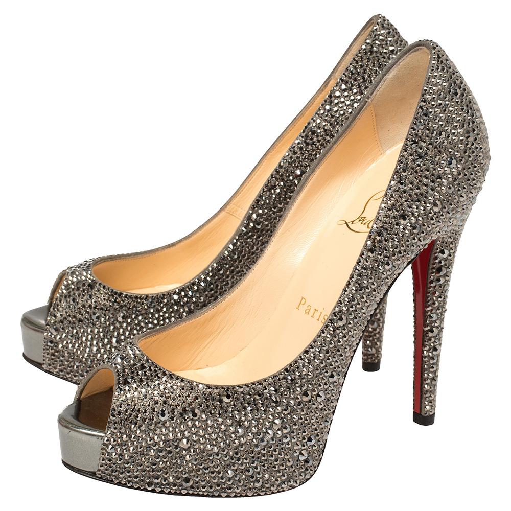 Christian Louboutin Grey Leather And Crystal Lady Peep Platform Pumps Size 36 3