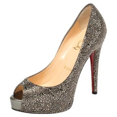 Christian Louboutin Grey Leather And Crystal Lady Peep Platform Pumps Size 36