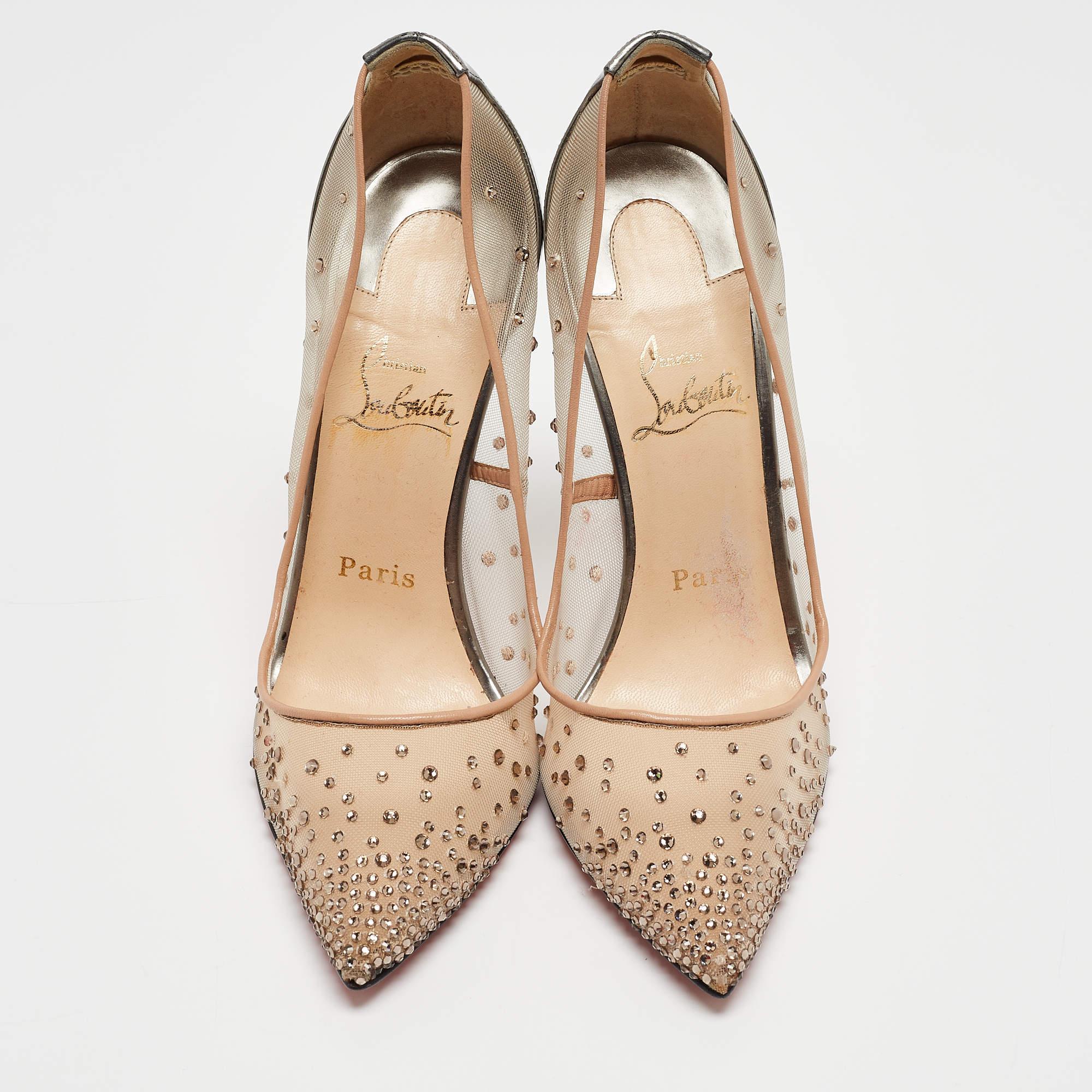 Christian Louboutin Grey Leather and Mesh Follies Strass Pumps Size 38 In Good Condition For Sale In Dubai, Al Qouz 2
