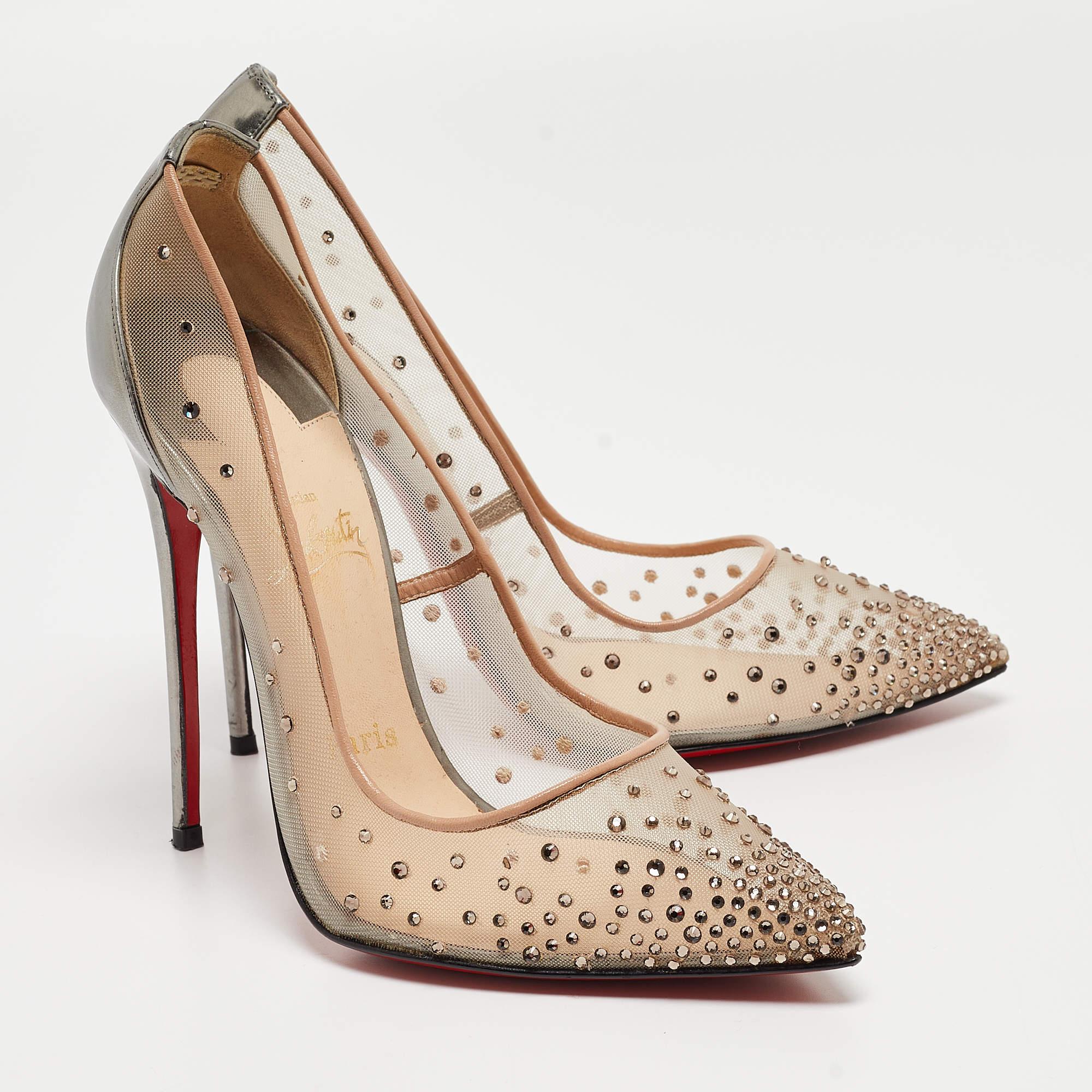 Women's Christian Louboutin Grey Leather and Mesh Follies Strass Pumps Size 38 For Sale