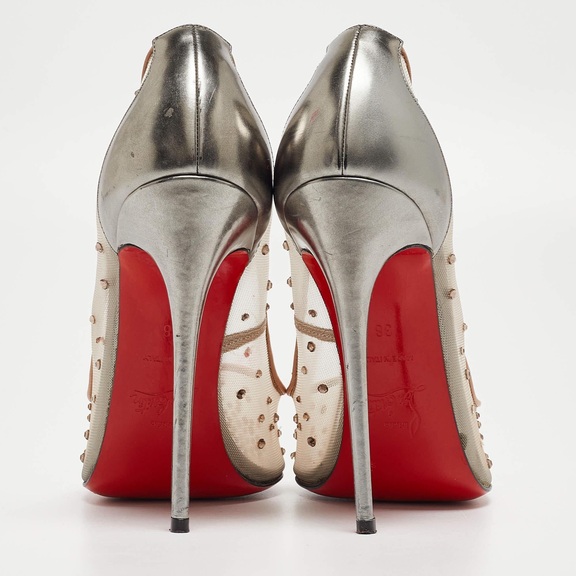 Christian Louboutin Grey Leather and Mesh Follies Strass Pumps Size 38 For Sale 1