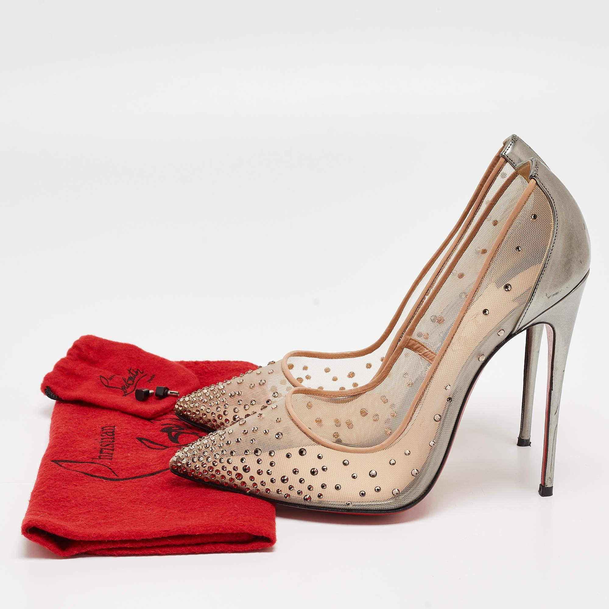 Christian Louboutin Grey Leather and Mesh Follies Strass Pumps Size 38 For Sale 4