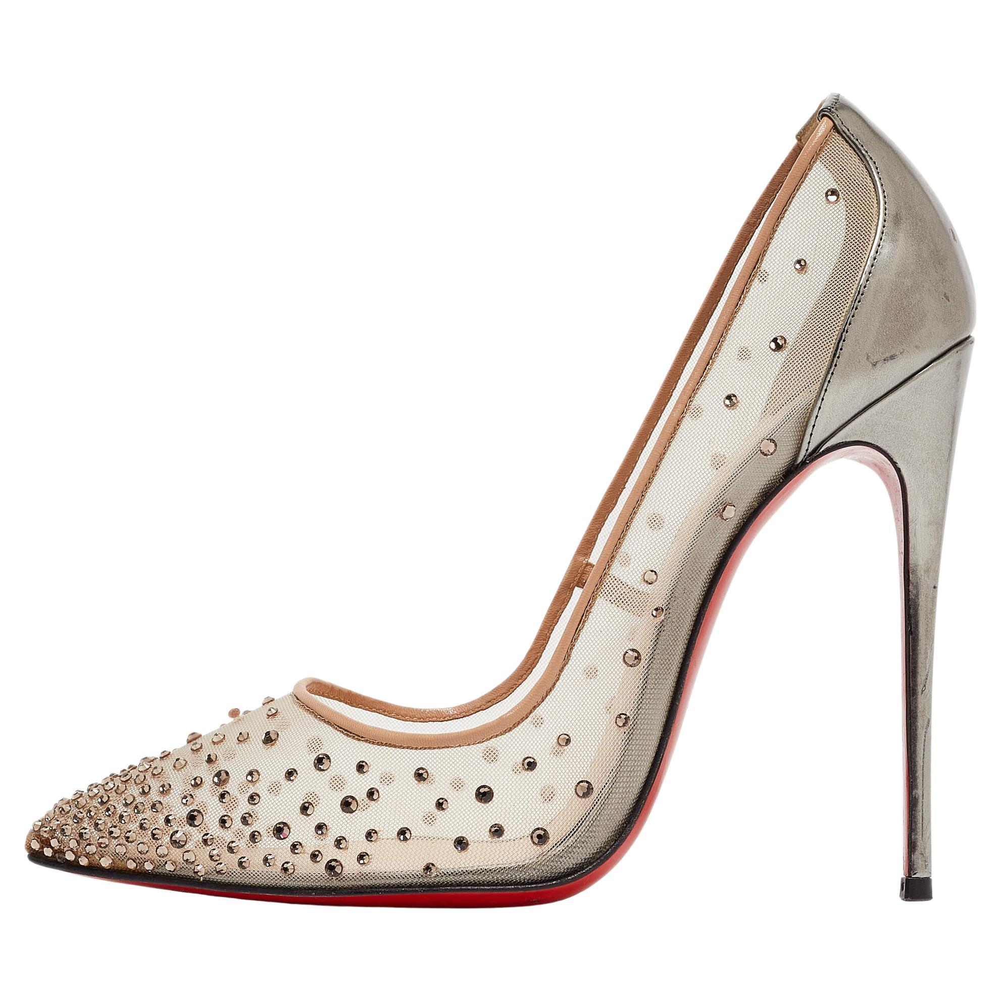 Christian Louboutin Grey Leather and Mesh Follies Strass Pumps Size 38 For Sale