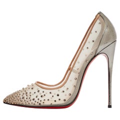 Used Christian Louboutin Grey Leather and Mesh Follies Strass Pumps Size 38