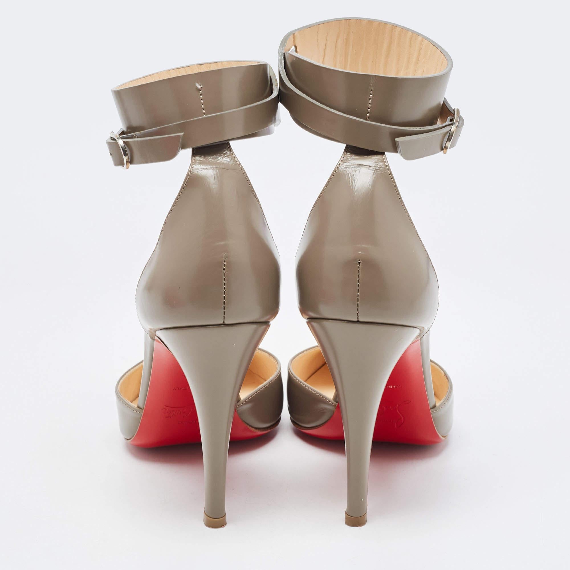 Brown Christian Louboutin Grey Leather Bettina Ankle Strap Pumps Size 36.5 For Sale