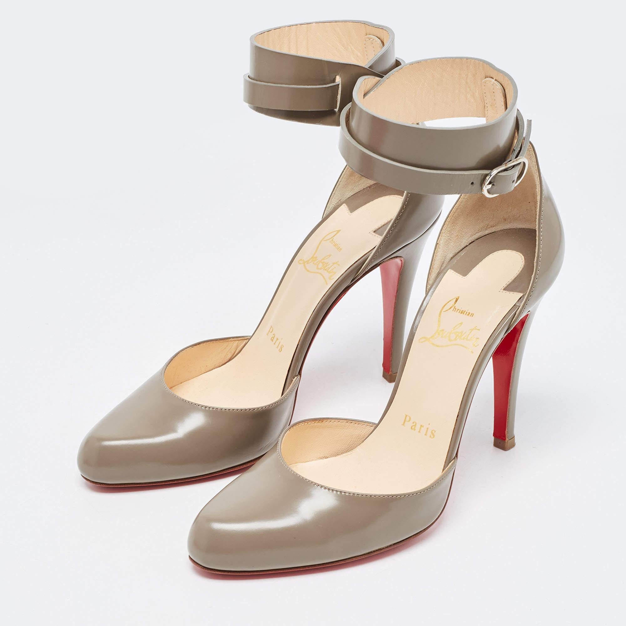 Christian Louboutin Grey Leather Bettina Ankle Strap Pumps Size 36.5 In Good Condition For Sale In Dubai, Al Qouz 2