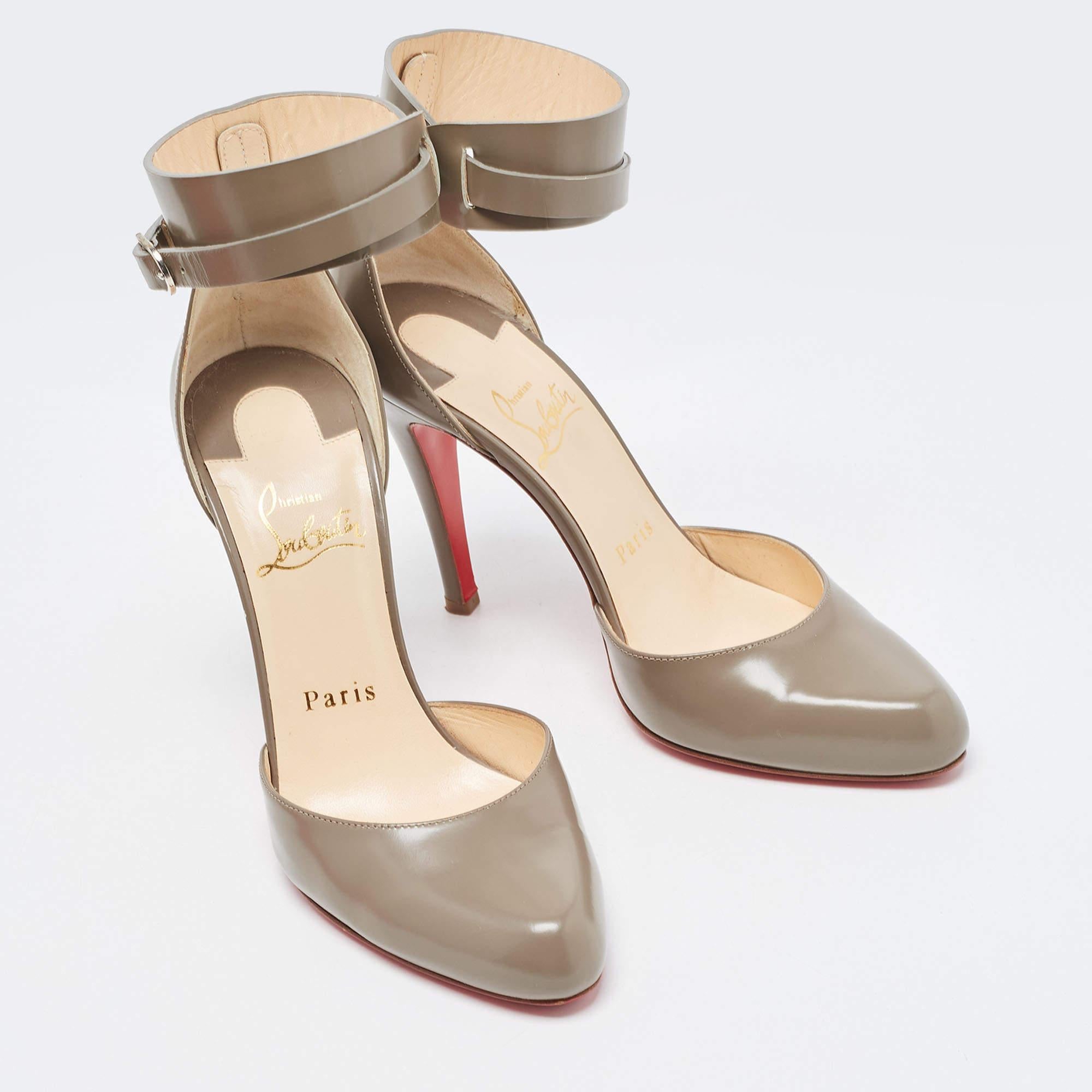Women's Christian Louboutin Grey Leather Bettina Ankle Strap Pumps Size 36.5