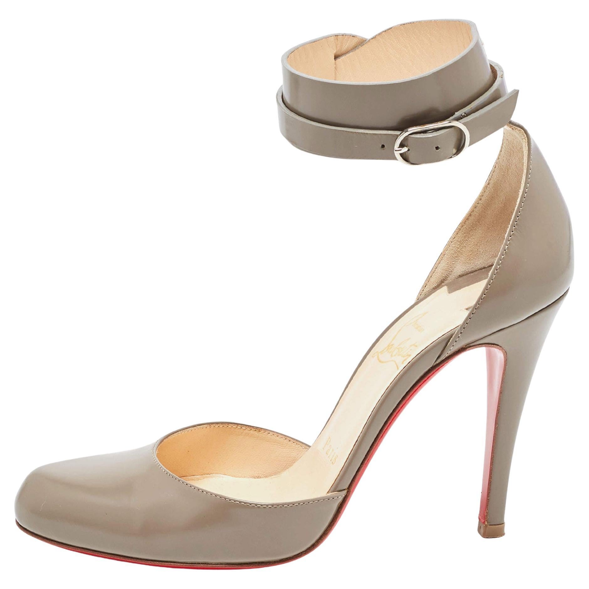 Christian Louboutin Grey Leather Bettina Ankle Strap Pumps Size 36.5 For Sale