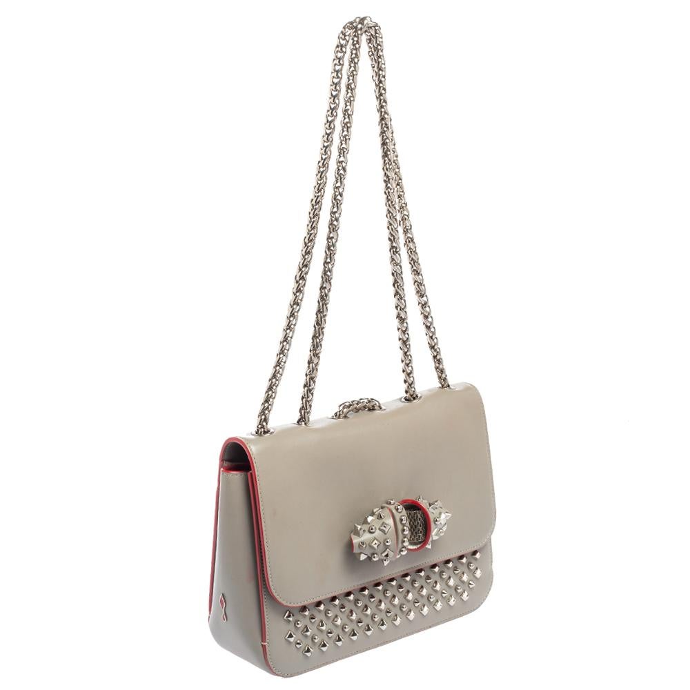 Christian Louboutin Grey Leather Small Spikes Sweet Charity Shoulder Bag In Good Condition In Dubai, Al Qouz 2