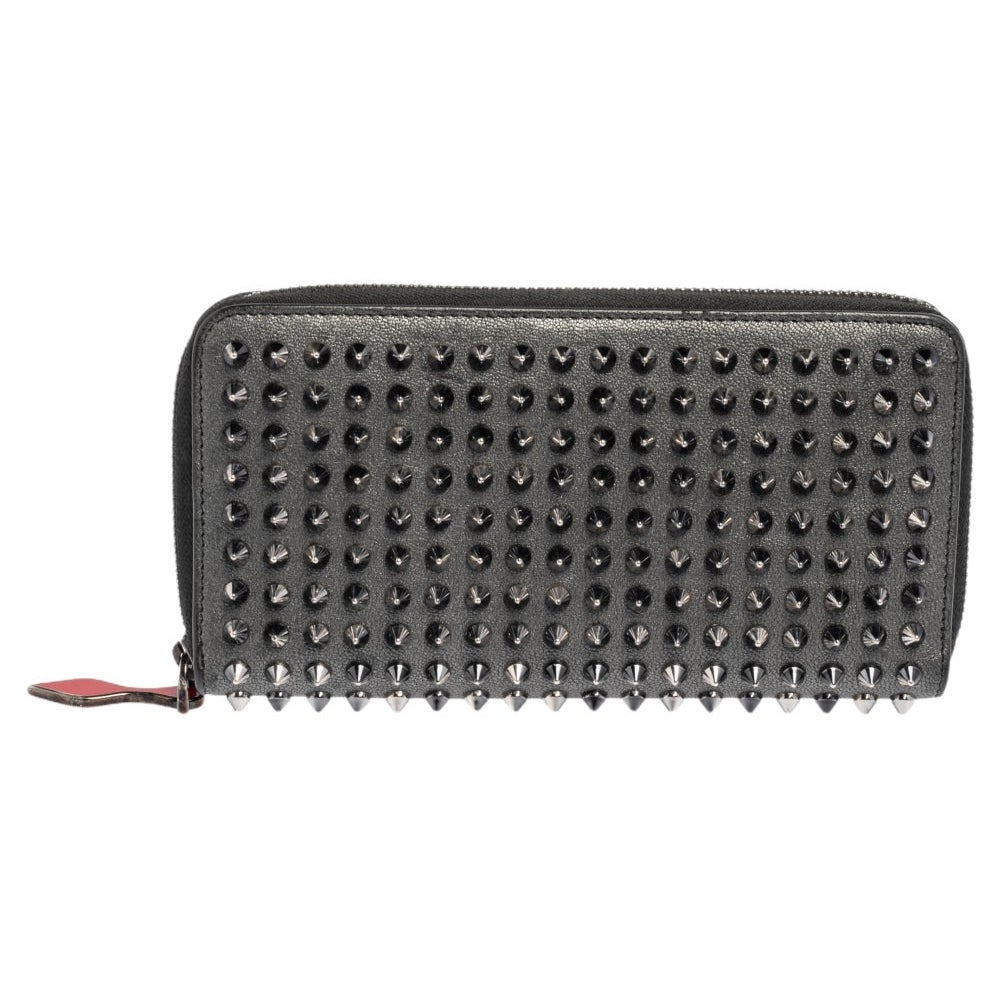 Christian Louboutin Grey Leather Spikes Panettone Zip Around Wallet