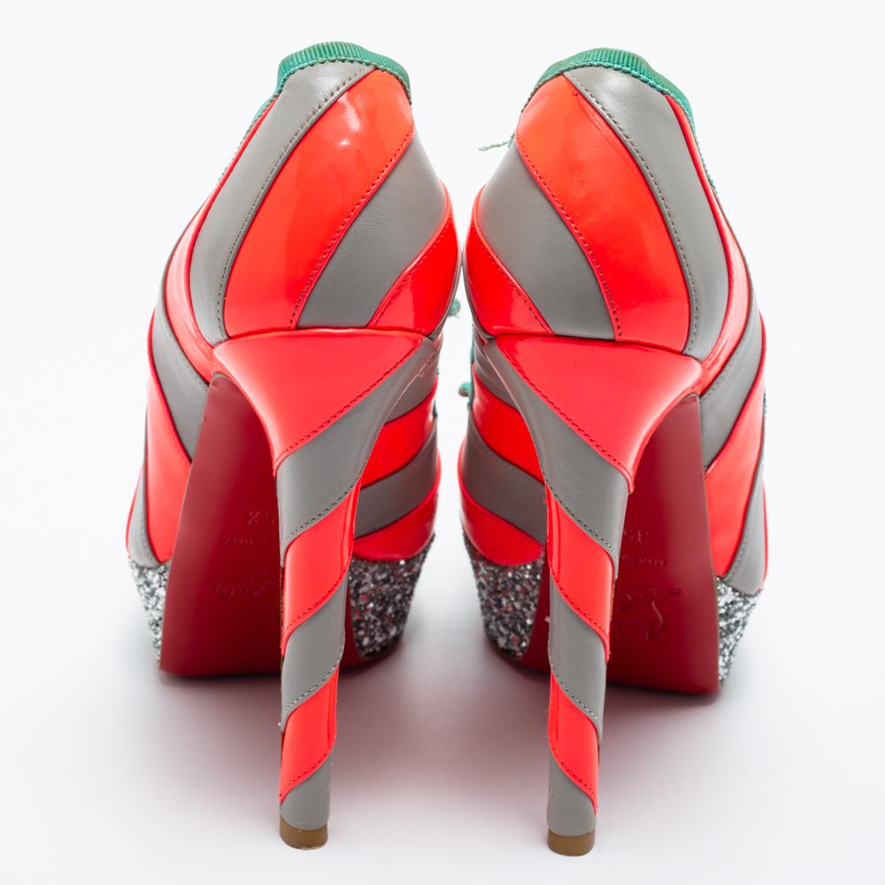 Women's Christian Louboutin Grey/Neon Pink Striped Leather Foraine Glitter Size 35.5 For Sale