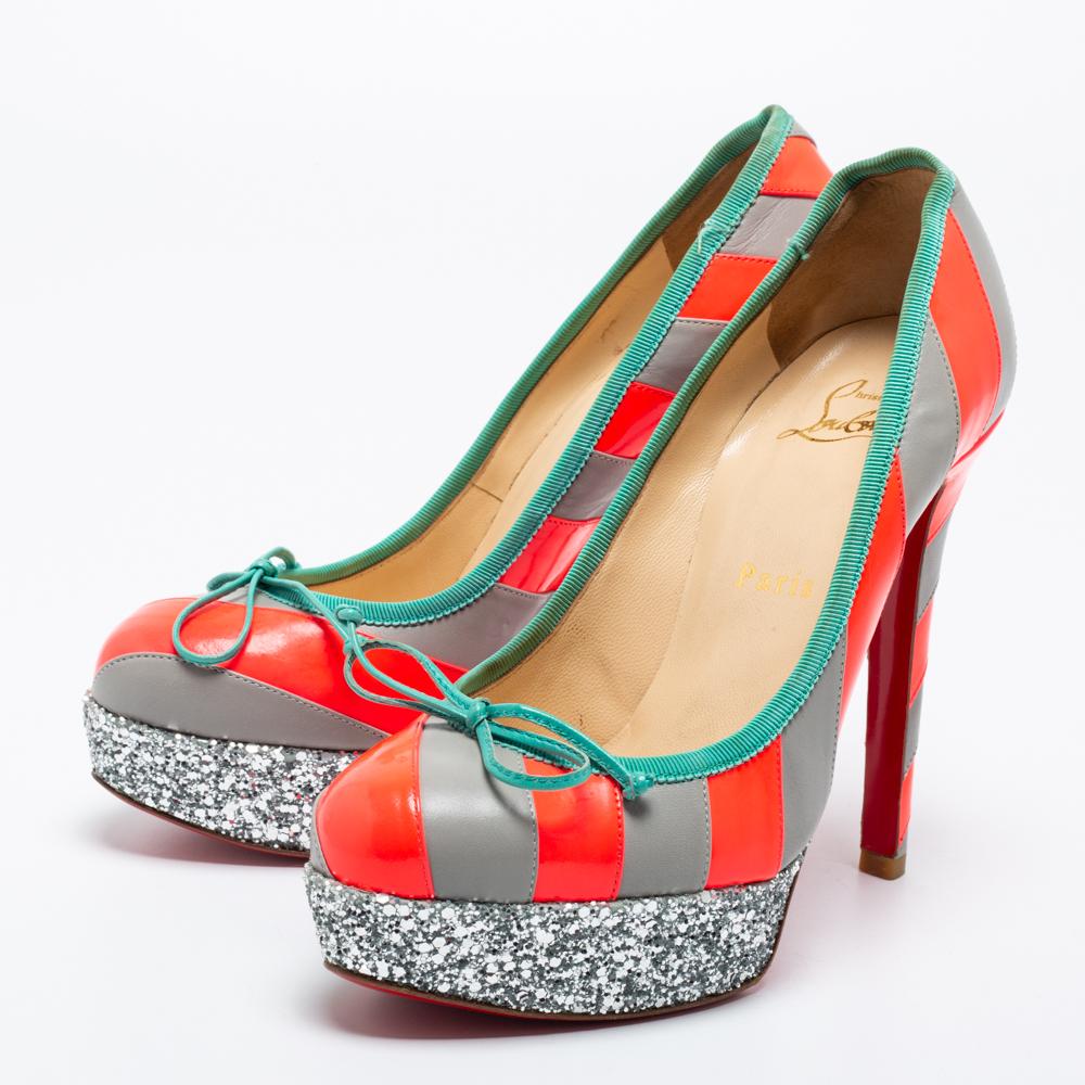 Christian Louboutin Grey/Neon Pink Striped Leather Foraine Glitter Size 35.5 For Sale 1