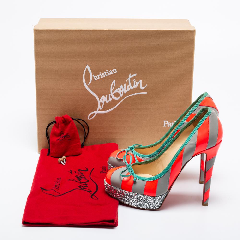 Christian Louboutin Grey/Neon Pink Striped Leather Foraine Glitter Size 35.5 For Sale 2