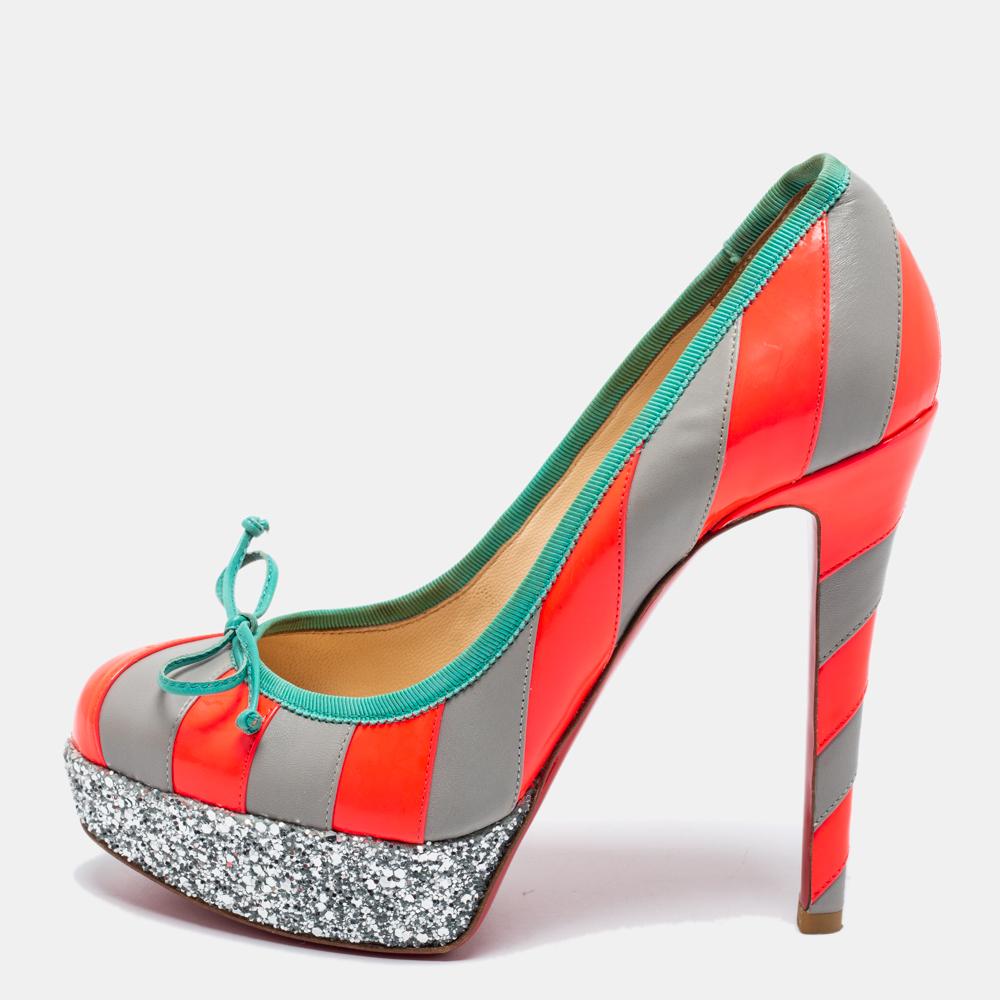 Christian Louboutin Grey/Neon Pink Striped Leather Foraine Glitter Size 35.5 For Sale 3