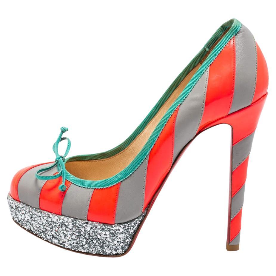 Christian Louboutin Grey/Neon Pink Striped Leather Foraine Glitter Size 35.5