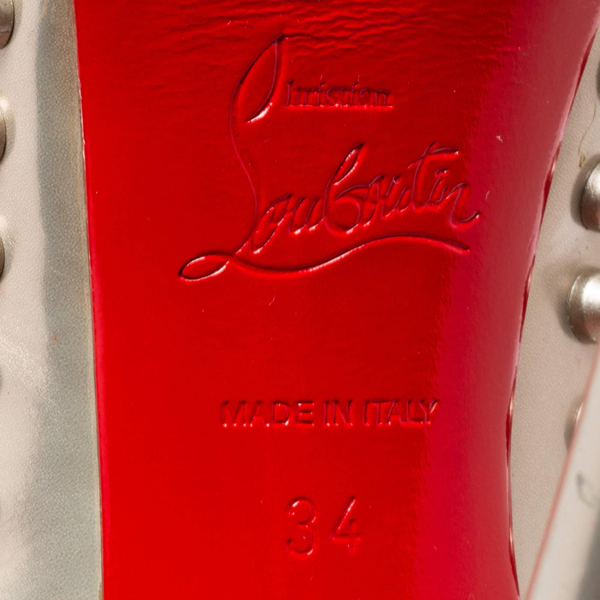 Christian Louboutin Grey Patent Lady Peep Toe Spikes Platform Pumps Size 34 For Sale 3