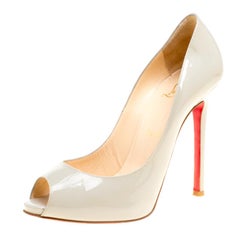 Christian Louboutin Grey Patent Leather Flo Peep Toe Pumps Size 36.5