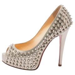 Christian Louboutin Grey Patent Leather Lady Peep Toe Spikes Pumps Size 34
